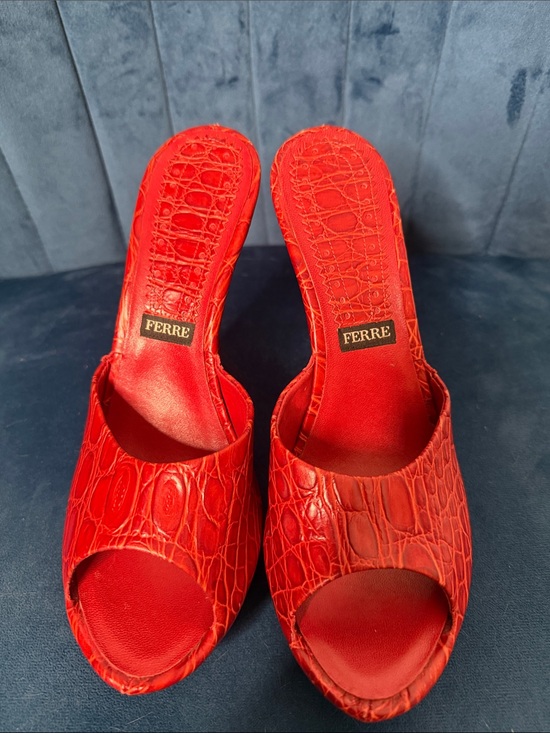 Shoes - Ferre Red Croc-Embossed Slide Heels for Women